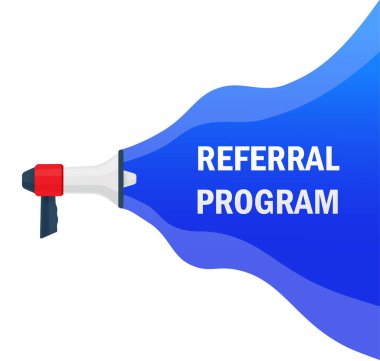 Sevk programı. Megafon ikonlu rozet. Beyaz arkaplanda düz vektör illüstrasyonu