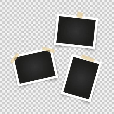 Yapıştırıcı bantlı boş fotoğraf çerçeveleri koleksiyonu, farklı gölge efektleri ve fotoğrafınız için boş alan. Vektör illüstrasyonu