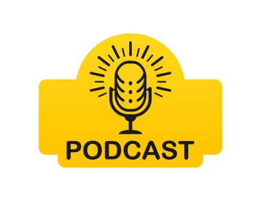 Podcast radyo ikonu illüstrasyonu. Stüdyo masası mikrofonu. Web yayını ses kaydı konsepti logosu