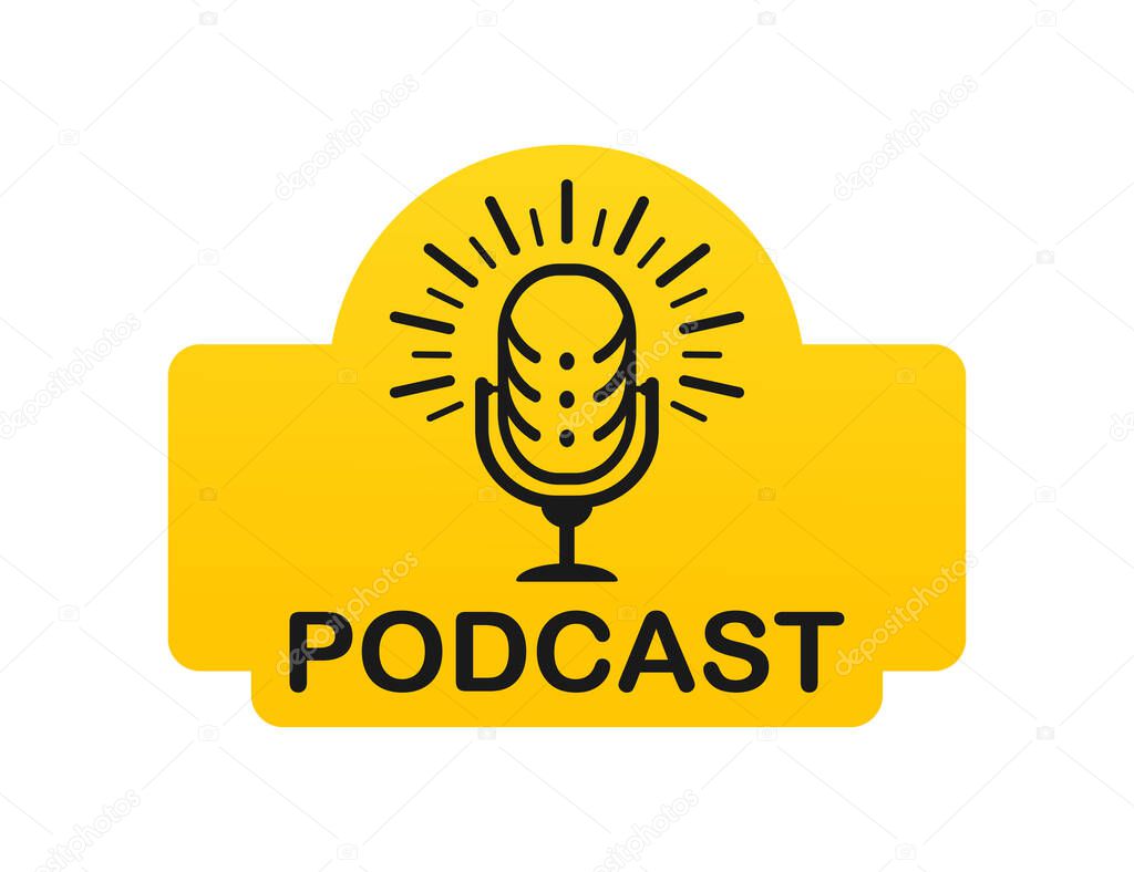 Podcast radio icon illustration. Studio table microphone. Webcast audio record concept logo