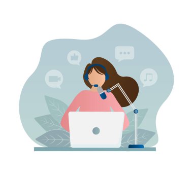 Düz bir şekilde insanlarla canlı yayın. Podcast 'i dinle. Düz çizim. Vektör illüstrasyonu