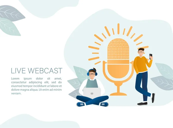 Live Webcast Platte Stijl Met Mensen Luister Naar Podcast Platte — Stockvector