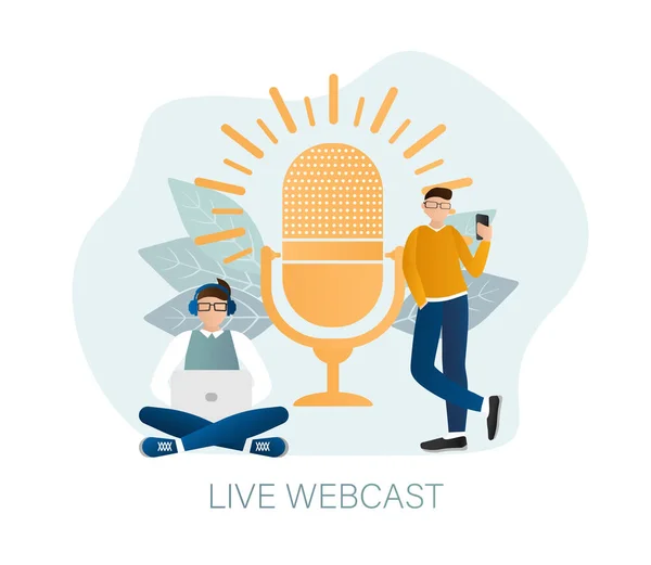 Live Webcast Platte Stijl Met Mensen Luister Naar Podcast Platte — Stockvector