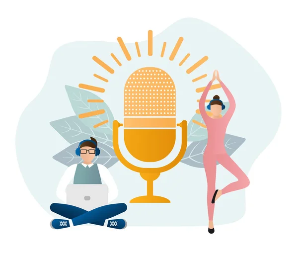 Düz bir şekilde insanlarla canlı yayın. Podcast 'i dinle. Düz çizim. Vektör illüstrasyonu
