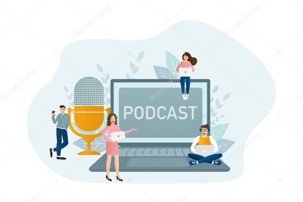 Live webcast in flat style with people. Listen to podcast. Flat illustration. Vector illustration