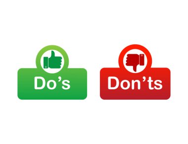 Kırmızı ve yeşil rozetliler ve olmayanlar. Basit yassı modern bilgi logoti grafik tasarımı beyaz arka planda izole edildi. Başarısızlık ya da yanlış karar gibi insanlar için davranış kuralları kavramı