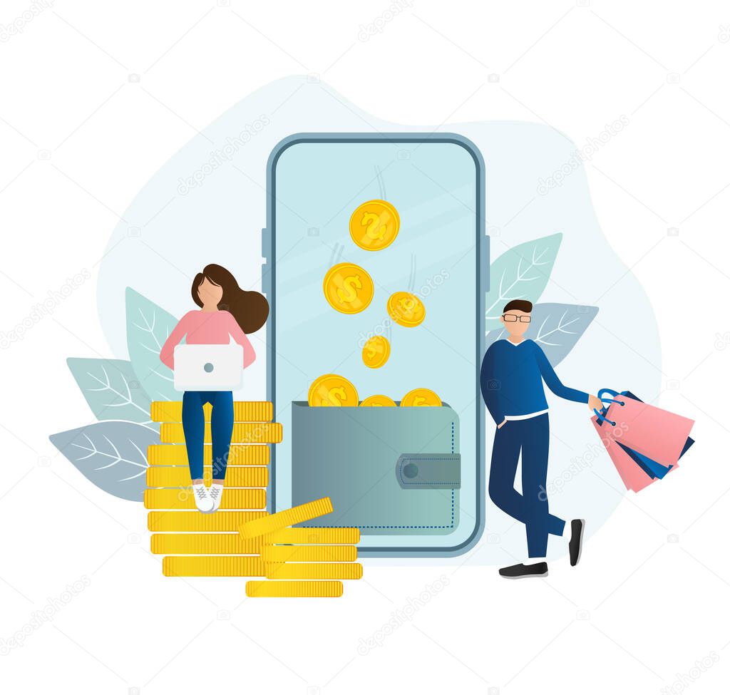 Flat card with cash back people for banner design. Illustration concept. Gift card for banner design. Payment online concept