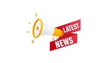 Kırmızı kurdele üzerine en son ya da la haber metnini içeren bir duyuru yapan megafon, beyaz ve yeşil ekranda izole edilmiş.