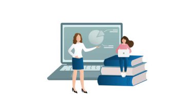 İş kadını, öğrenci olsun ya da olmasın, bir dizüstü bilgisayarla ve beyaz ve yeşil ekran geçmişiyle çizelgeleri sunuyor.