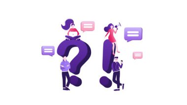 Dizüstü bilgisayar ve megafon kullanan küçük insanlar büyük soru ve ünlem işaretlerinin yanında beyaz ve yeşil ekran arkaplanlarında iletişim kuruyorlar.