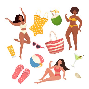 Yaz tatili aksesuarları ve çeşitli kadınları çevreleyen mayolar tatilin tadını çıkarıyor.