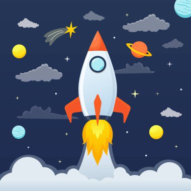 Çizgi film uzay gemisi uzayda yıldızlara ve gezegenlere fırlatılıyor.