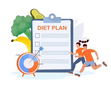 Sporcular diyet planı panosu, karbonhidrat, yağ ve protein alımını gösteren sağlıklı gıda ve pasta grafiği ile koşuyorlar