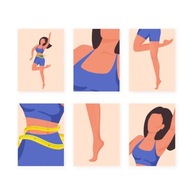 Belini ölçen ve spor yapan bir kadını temsil eden vektör çizimleri. Sağlıklı bir yaşam tarzını geliştirmek için mükemmel.