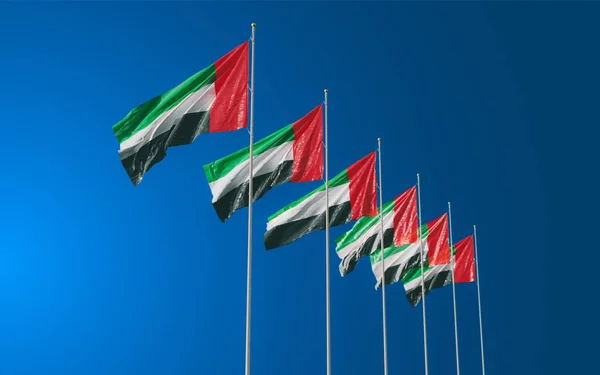 Several Beautiful Flags United Arab Emirates Waving Blue Sky Symbol — Stock Photo, Image