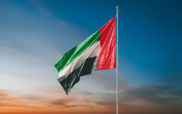 Stunning Flag United Arab Emirates Waving Blue Sky Symbol Uae — Stock Photo, Image
