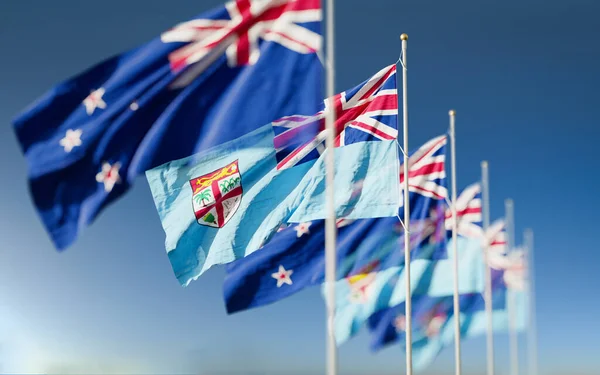 Viftande Flaggor Nya Zeeland Och Fiji Island Symbol För Politiska — Stockfoto