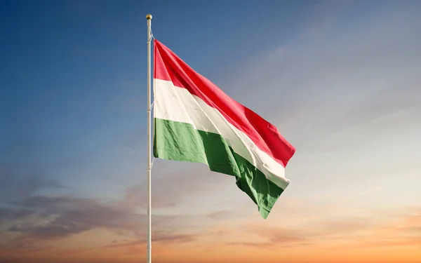 Beautiful flags of Hungary waving against blue cloudy sunset sky background. Hungarian national flag.