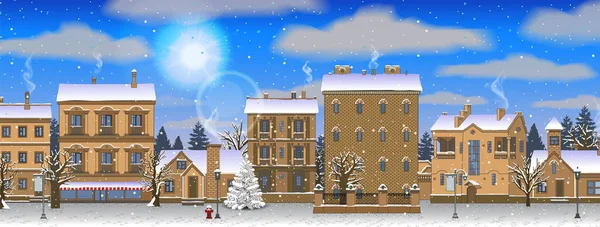 Kış yatay vektörü, Noel şehir manzarası. Güneşli bir gün, parlak bir gökyüzü.