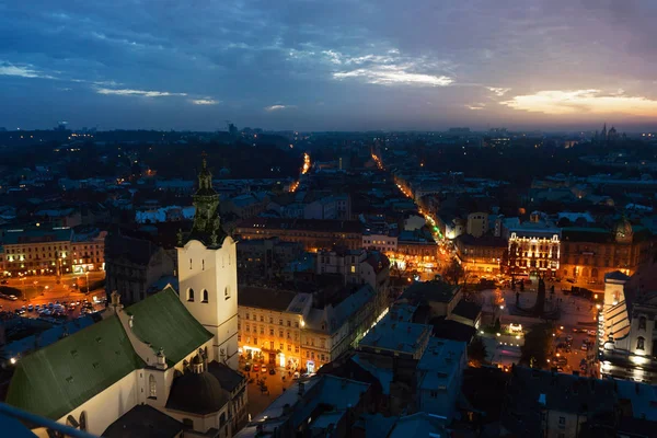 Panoramik Gece Cityscape Görüntülemek Çatılar Işıklar Merkezi Kubbeler Lviv City — Stok fotoğraf