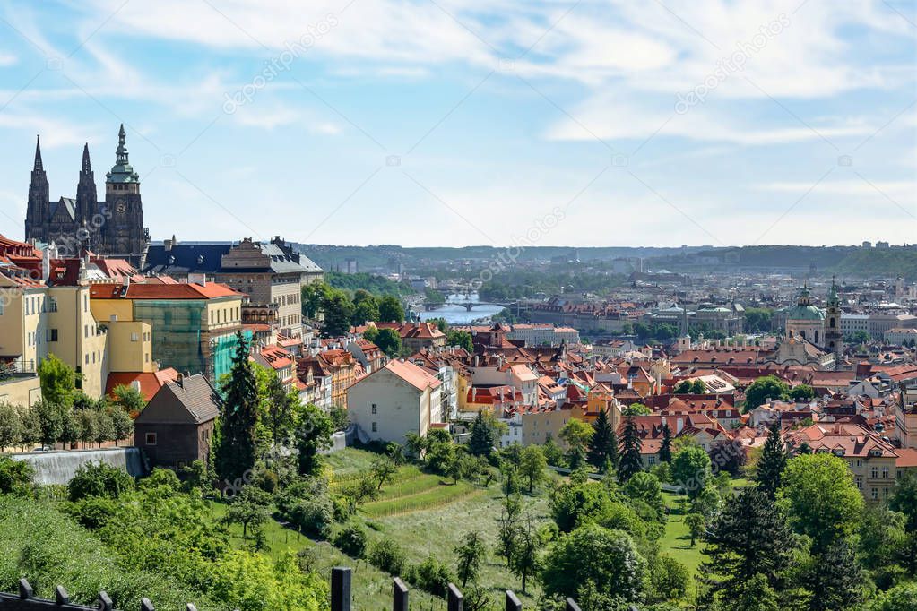 Scenic panoramic view of  historical center of Prague, Czech Rep