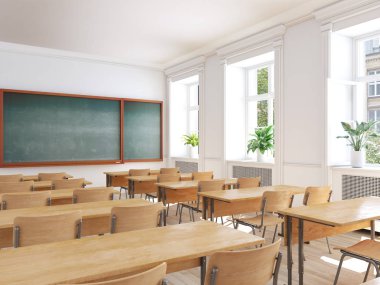 boş okul sınıf. 3D render