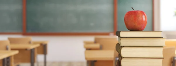 Ein Apfel auf Büchern im leeren Klassenzimmer. 3D-Darstellung — Stockfoto