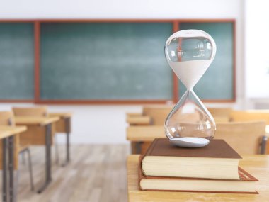 kitap boş okul sınıf kum saati. 3D render