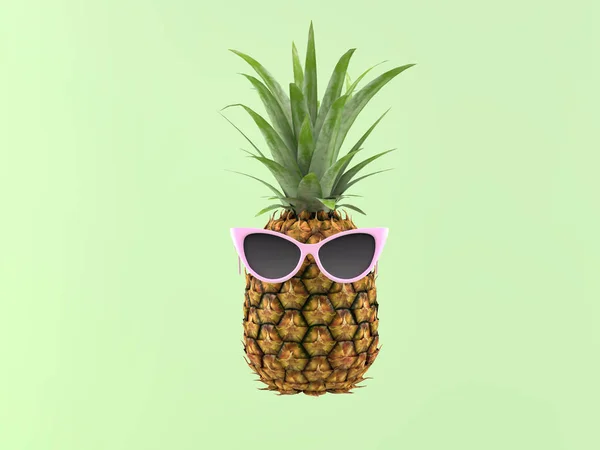緑の背景にサングラスとパイナップル。3 d レンダリング — ストック写真