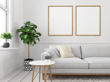 boş resim çerçeveleri ile oturma odası. 3D render