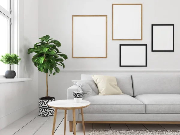 Obývací pokoj s prázdné rámečky obrázků. 3D vykreslování — Stock fotografie