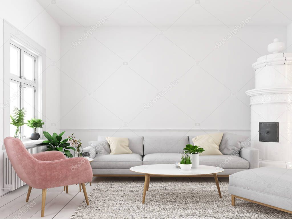 living room with empty wall for picture frames. 3d rendering