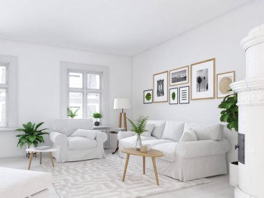 resim çerçeveleri ve şömine oturma odası. 3D render