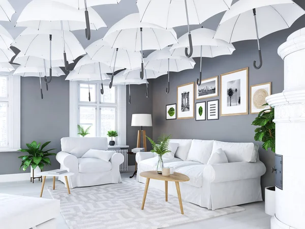 Vardagsrum med tavelramar och öppen spis. som täcker paraplyer. 3D-rendering — Stockfoto