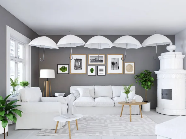 Wohnzimmer mit Bilderrahmen und Kamin. Sonnenschirme. 3D-Darstellung — Stockfoto