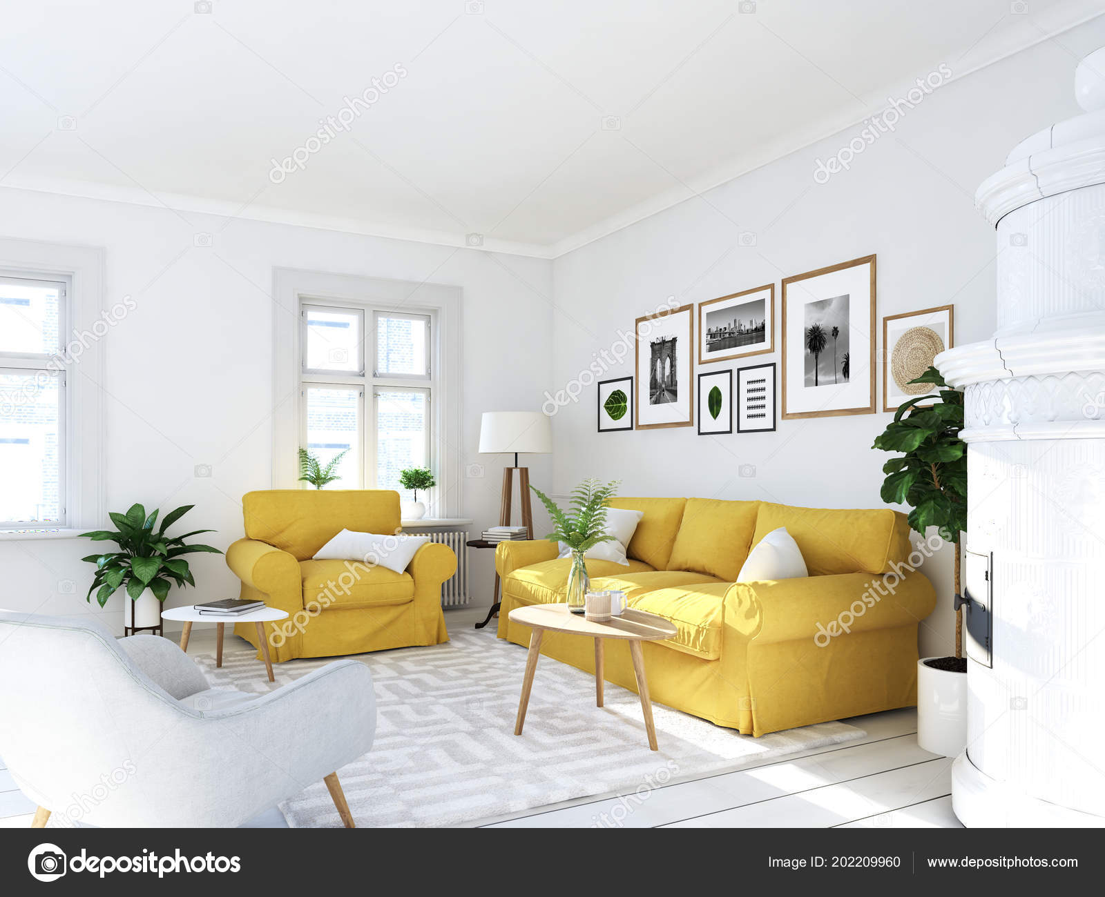 Living Room With Picture Frames And Fireplace 3d Rendering