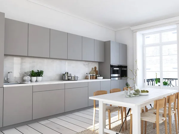 Cocina nórdica moderna en apartamento loft. Renderizado 3D —  Fotos de Stock
