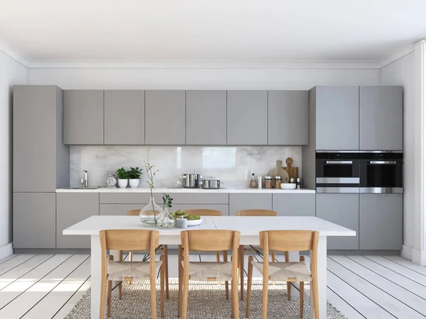 Cocina nórdica moderna en apartamento loft. Renderizado 3D — Foto de Stock