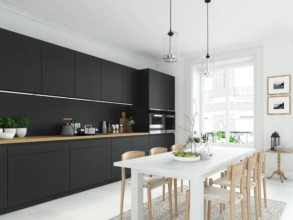 modern nordic kitchen in loft apartment. 3D rendering