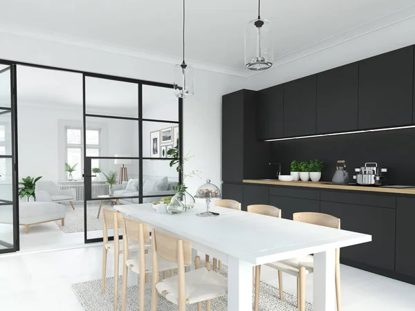 Μοντέρνα σκανδιναβική κουζίνα στο διαμέρισμα σοφίτα. 3D απόδοση — Φωτογραφία Αρχείου
