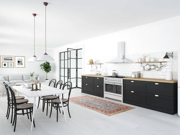 阁楼公寓里的现代北欧厨房。3D渲染 — 图库照片