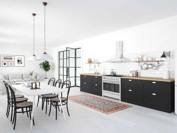 Moderna cucina nordica in loft. Rendering 3D — Foto Stock