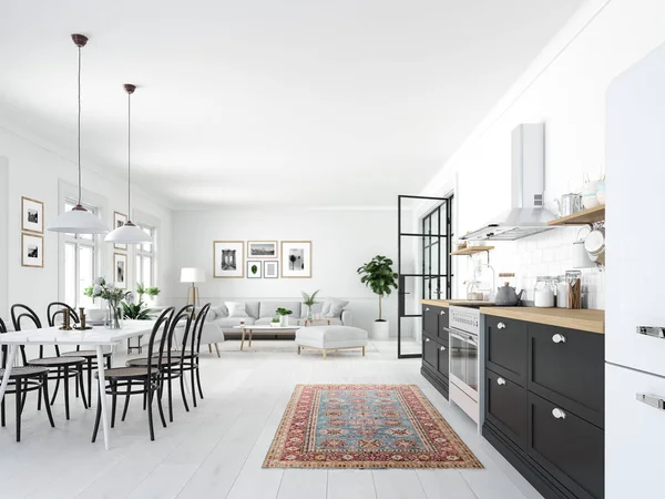 Moderna cucina nordica in loft. Rendering 3D — Foto Stock