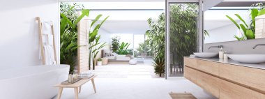 3D render. tropik bitkiler ile yeni modern zen banyo