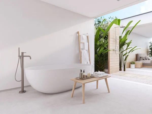 Nouvelle salle de bain zen moderne avec plantes tropicales. Rendu 3d — Photo