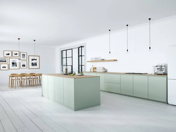 Moderna cucina nordica in loft. Rendering 3D — Foto Stock