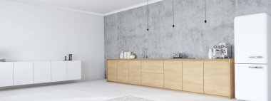 Çatı katındaki modern İskandinav mutfağı. 3B görüntüleme