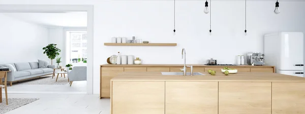 Vista frontale della moderna cucina nordica in appartamento soppalco. Rendering 3D — Foto Stock