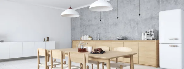 Cocina nórdica moderna en apartamento loft. Renderizado 3D — Foto de Stock