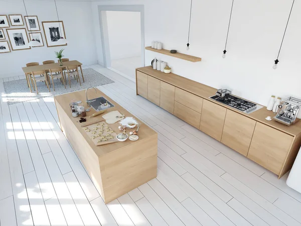 Moderní nordic kuchyně v podkrovním bytě. 3D vykreslování — Stock fotografie